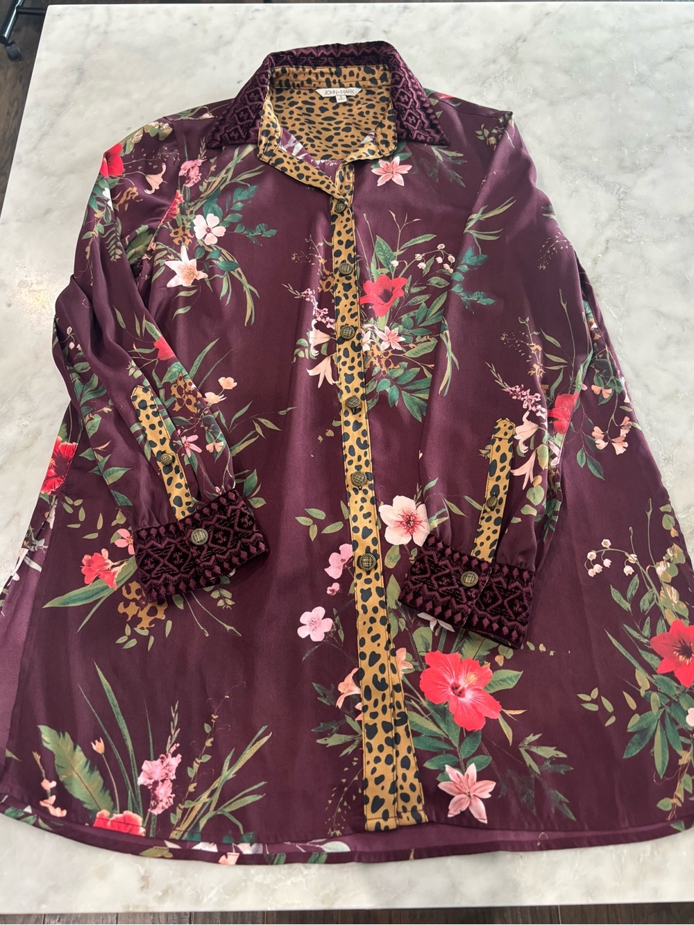 John Mark Burgundy Floral Button-Down with Leopard-Trim Tunic Blouse